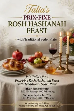 Upper West Side NYC Restaurant, Talia's Steakhouse, Serving Rosh Hashanah 2026 Meals